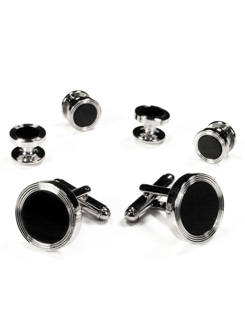 Cristoforo Cardi Black Circular Onyx with Silver Edge Concentric Circles Studs and Cufflinks Set