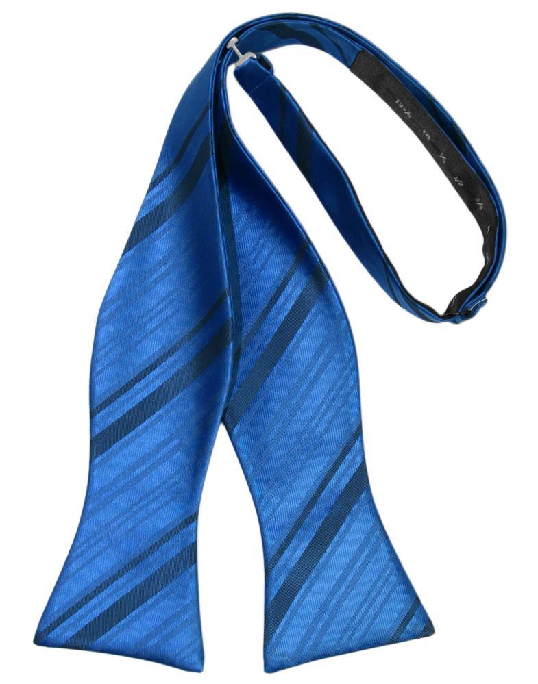 Royal Blue Striped Satin Bow Tie - self-tie style, front view