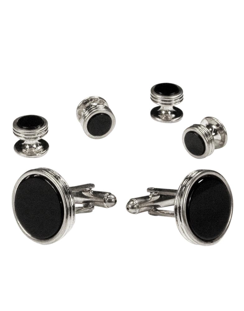 Cristoforo Cardi Black Circular Onyx with Silver Concentric Circles Studs & Cufflinks Set