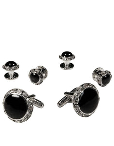 Cristoforo Cardi Black Circular Enamel with Rhinestones Silver Edge Studs & Cufflinks Set