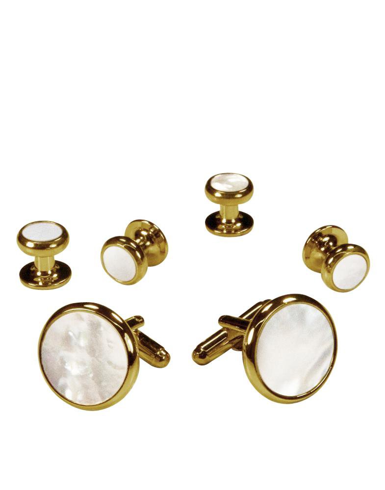 Cristoforo Cardi White Mother of Pearl in Gold Setting Studs & Cufflinks Set