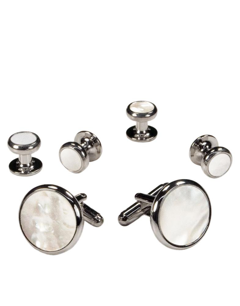 Cristoforo Cardi White Mother of Pearl in Silver Setting Studs & Cufflinks Set