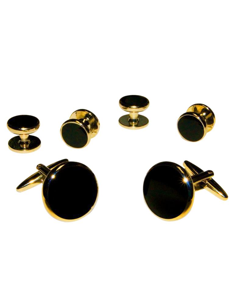 Cristoforo Cardi Black Circular Enamel in Gold Setting Studs & Cufflinks Set