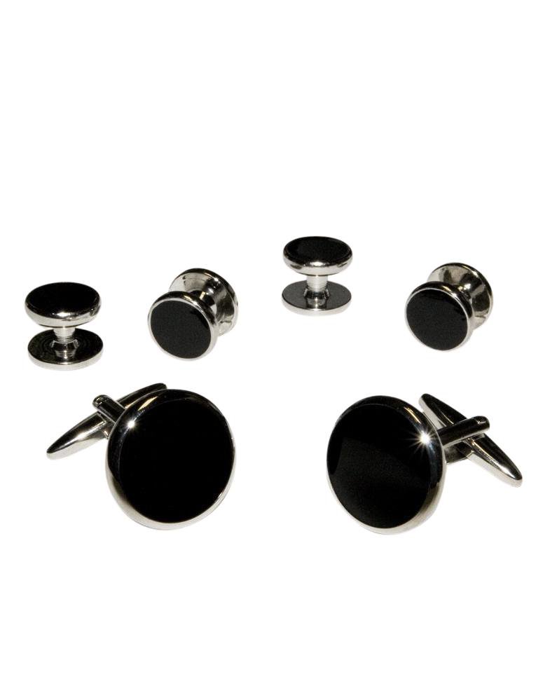 Cristoforo Cardi Black Circular Enamel in Silver Setting Studs & Cufflinks Set
