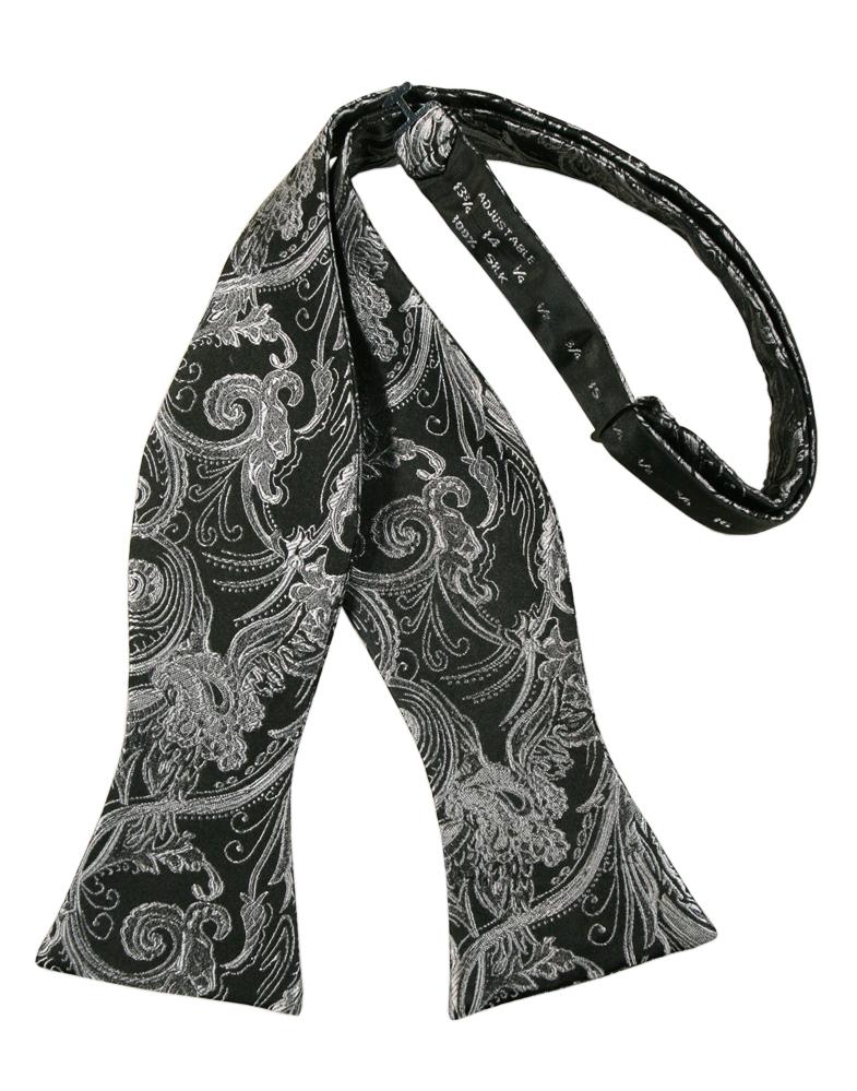 Silver Paisley Silk Bow Tie - self-tie style, front view