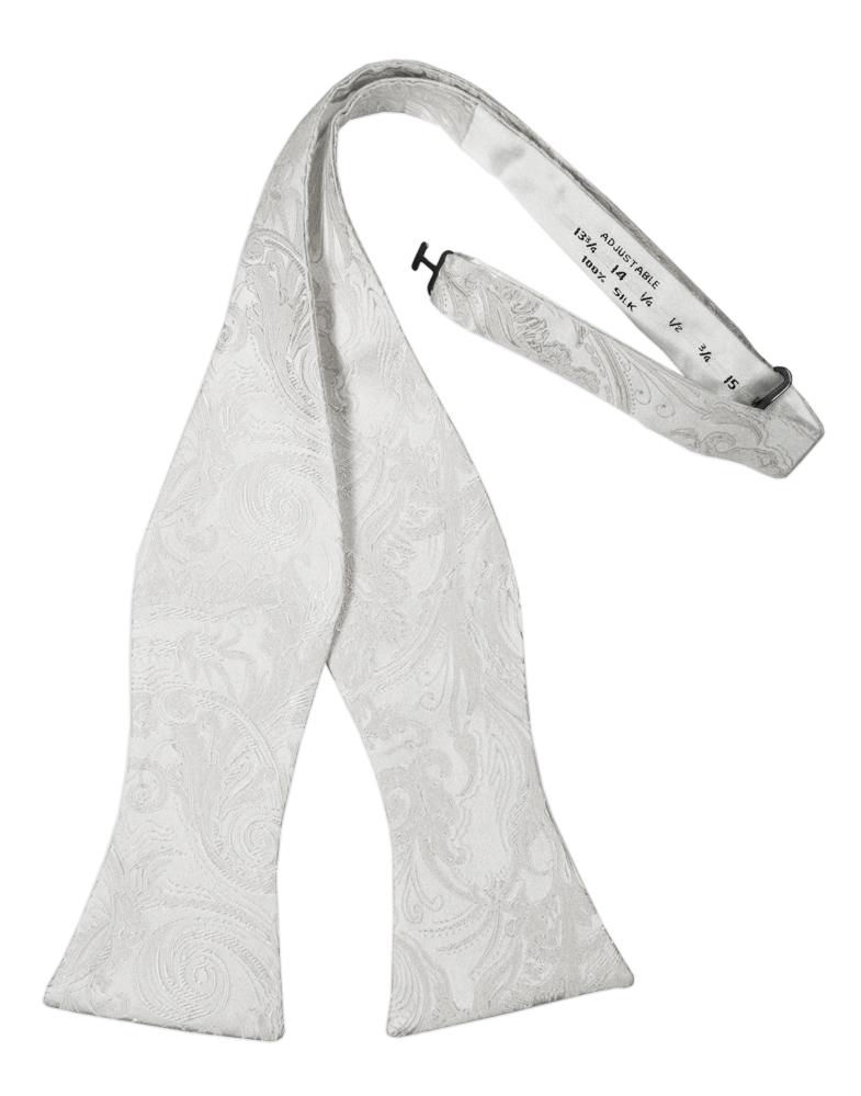 White Paisley Silk Bow Tie - self-tie style, front view